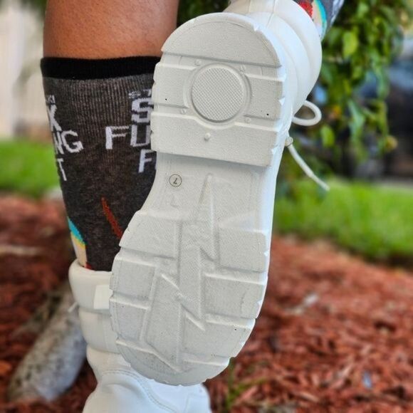 Women's White Chunky Block High Heel Ankle Combat Booties - Picture 7 of 7